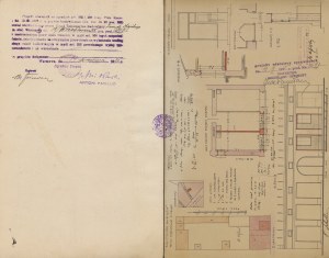Project for alteration of window openings to storefront with lowering of the vault on property No. 14/216A on Ząbkowska Street in Praga, owned by Florentyna Scholtze. Attached is a permit from the Inspection and Construction Office [1935].