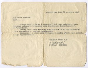 Set of 5 documents concerning Jerzy Winnicki, soldier of the 2nd Polish Corps, press officer at the Polish Consulate General in Jerusalem, member of the Union of Polish Patriots [Jerusalem 1945-1946].