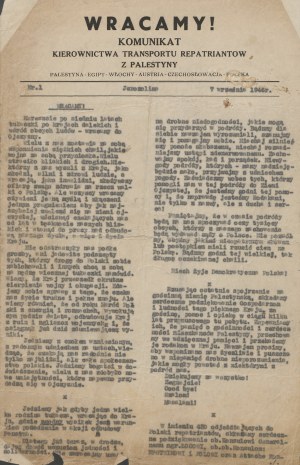 We are coming back! Communication of the Management of the Transport of Repatriates from Palestine. No. 1, 2, 4 and 6 of September 1946