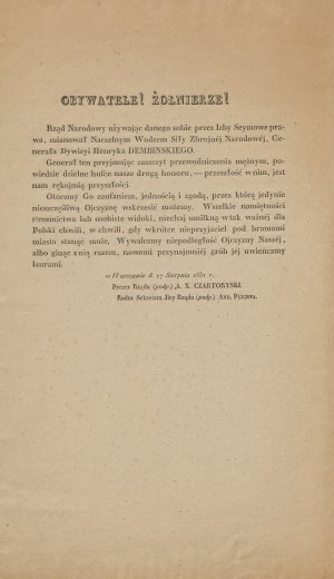 Občania! Vojaci! (...) Vyhlásenie národnej vlády o vymenovaní generála Henryka Dembińského za hlavného veliteľa národných ozbrojených síl [1831].