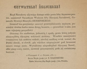 Občania! Vojaci! (...) Vyhlásenie národnej vlády o vymenovaní generála Henryka Dembińského za hlavného veliteľa národných ozbrojených síl [1831].