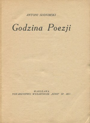 SŁONIMSKI Antoni - Hour of Poetry [first edition 1923] [cover by Tadeusz Gronowski].