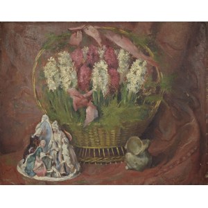 Malarz nieokreślony, XX w., Kwiaty i figurka porcelanowa