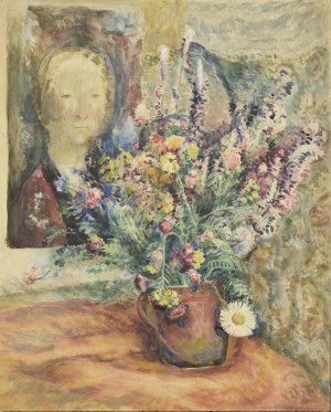 Konrad SRZEDNICKI (1894-1993), Martwa natura z kwiatami i portretem Ginevry de Benci