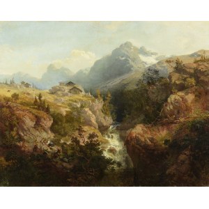 Malarz nieokreślony, zachodnioeuropejski, XIX w., Pejzaż alpejski ze sztafażem