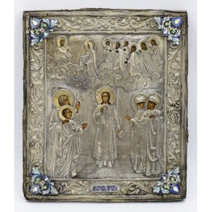 Ikona - „Opieki Najświętszej Bogurodzicy” - Welon Matki Bożej „Pokrow” - w okładzie srebrnym i z basmą - bordiurą.