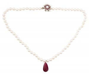 Pearl necklace with ruby pendant, 2nd half of 20th century.