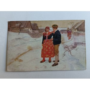 POCZTÓWKA MALARSTWO TYPY LUDOWE, STROJE LUDOWE PRZEDWOJENNA, ZNACZEK