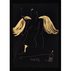 Joanna Sarapata, Frau in Gold mit einer Flasche, 2021