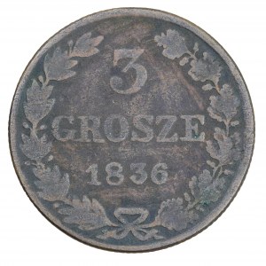 3 penny 1836, monete russe per le terre dell'ex Regno di Polonia (1832-1841)