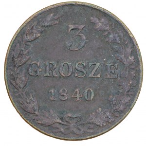 3 pennies 1840, pièces russes pour les terres de l'ancien royaume de Pologne (1832-1841)