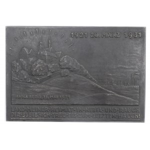 SOULÈVEMENTS SILÉSIENS, MONT ST. ANNY. Plaque allemande commémorant le dixième anniversaire du plébiscite en Haute-Silésie, le 20 mars 1921, montrant une vue du mont Sainte-Anne.