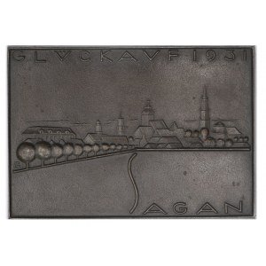 ŽAGAŃ. Plakát zobrazující panorama města s pozdravem Glückauf.