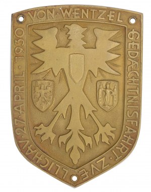 SULECHÓW. Brązowa plakieta upamiętniająca rajd imieniem von Wentzla, który odbył się w Sulechowie 27 kwietnia 1930 r.