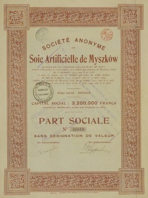 MYSZKÓW. Akcja Societe Anonyme de Soie Artific de Myszków, Bruksela 1924.