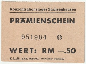 SACHSENHAUSEN - Značky táborů. Konzentrationslager Sachsenhausen. PRÄMIENSCHEIN WERT: RM 0,50.