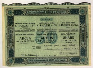 WARSAW. K. Rudzki and S-ka Metal Industry Society bearer's stock for the sum of 50 zlotys, Warsaw 1926.