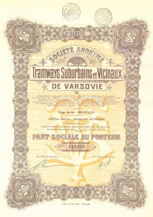VARŠAVA. Securities part sociale au porteur (akcie na doručitele) společnosti Societe Anonyme Tramways Suburbains et Vicinaux de Varsovie, Brusel, před rokem 1939.