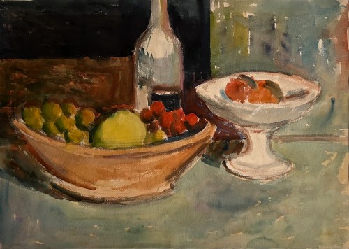 Abraham WEINBAUM (1890-1943), Praca dwustronna. Recto: Martwa natura z owocami i butelką, verso: Martwa natura z gitarą i owocami