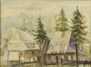 Marian TRZEBIŃSKI (1871-1942), Pejzaż tatrzański z chatami i górami w tle, 1938