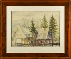 Marian TRZEBIŃSKI (1871-1942), Pejzaż tatrzański z chatami i górami w tle, 1938