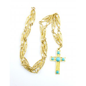 Gold chain and gold cross with turquoise pastes