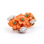 Diamond emerald cerasuolo coral floral gold brooch