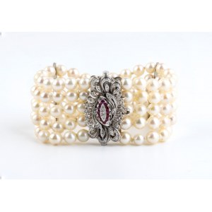 5 strand saltwater cultured pearl bracelet, gold clasp set with diamond and ruby