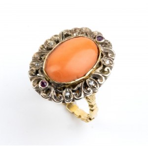 Mediterranean coral gold and silver ring