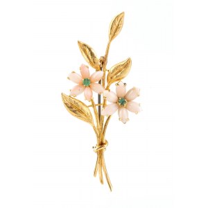 Emerald pink coral floral gold brooch