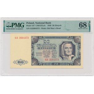 20 złotych 1948 - GS - PMG 68 EPQ - papier prążkowany