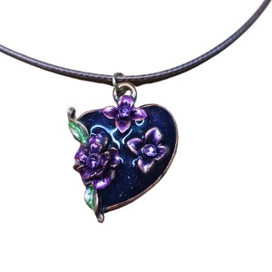 Enameled purple heart-shaped pendant with flowers