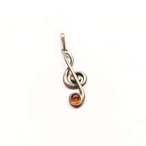 Silver pendant with amber - violin key (925)