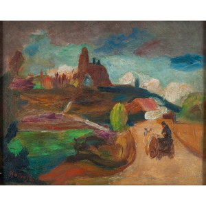 Tadeusz Makowski (1882 Oświęcim - 1932 Paryż), Pejzaż z zamkiem i wozem na drodze, Pejzaż z dwukółką (Pejzaż z okolic Le Puy), około 1920