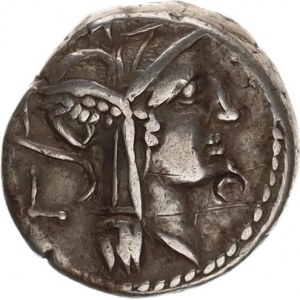 JUNIA, D.Silanus L.f. (91.př.Kr.), Denár, hlava Romy vpravo, za ní písmeno V (K?) / Viktoria na biz