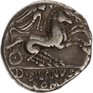 JUNIA, D.Silanus L.f. (91.př.Kr.), Denár, hlava Romy vpravo, za ní písmeno V (K?) / Viktoria na biz