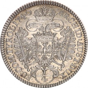 Karel VI. (1711-1740), 1/4 Tolar 1740, Tyroly, Hall opis: ARCHID: AUST. DUX. - .BU: COM