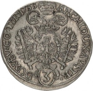Karel VI. (1711-1740), 3 kr. 1733, Tyroly, Hall