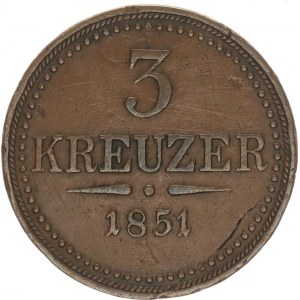 František Josef I.(1848-1918), 3 kr. 1851 - chybí značka (A?), vada stř., dr. hr.