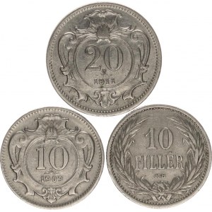 František Josef I.(1848-1918), 20 hal. 1911 b.zn.; +10 hal. 1909 b.zn. +10 Fillér 1909 KB 3 k