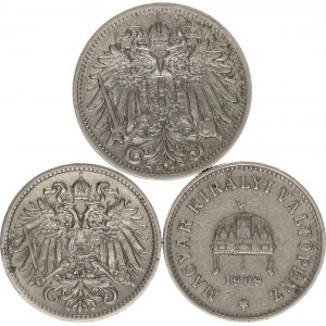 František Josef I.(1848-1918), 20 hal. 1911 b.zn.; +10 hal. 1909 b.zn. +10 Fillér 1909 KB 3 k