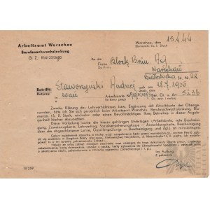 Powstaniec Warszawski 2 WŚ Okupacja Dokument Arbeitsamt Warschau - Urząd Pracy Warszawa Staworzyński Andrzej 1944
