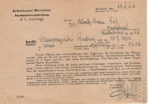 Insurgé de Varsovie Document d'occupation de la Seconde Guerre mondiale Arbeitsamt Warschau - Bureau du travail de Varsovie Staworzyński Andrzej 1944