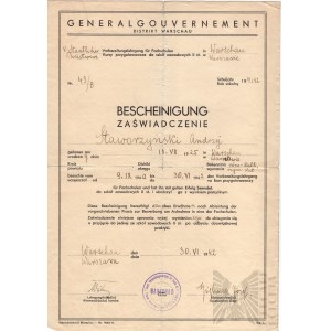 Certificat des insurgés de Varsovie de la 2e guerre mondiale - Staworzyński Andrzej - Generalgouverment Distrikt Warschau Warsaw - Andrzej Staworzyński pseudonyme Babiniarz