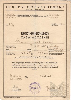 Certificat des insurgés de Varsovie de la 2e guerre mondiale - Staworzyński Andrzej - Generalgouverment Distrikt Warschau Warsaw - Andrzej Staworzyński pseudonyme Babiniarz