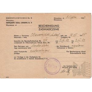 Certificat de documents des insurgés de Varsovie de la Seconde Guerre mondiale Staworzyński Andrzej - École professionnelle obligatoire n° VI Varsovie
