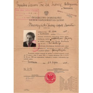 Insurgé de Varsovie Certificat de maturité de la période du régime communiste et Certificat de fin d'études du Lycée clandestin  Collegium  de Varsovie