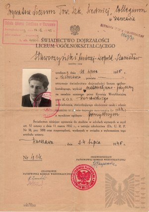 Warsaw Insurgent Certificate of Maturity from the period of the People's Republic of Poland and Certificate of Completion of the Secret High School 