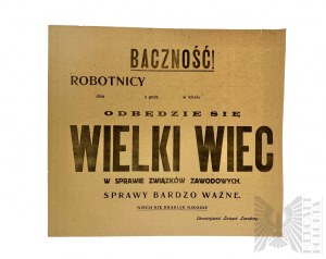 II RP Plakat Wielki Wiec W Sprawie Związków Zawodowych. Chrześcijański Związek Zawodowy.