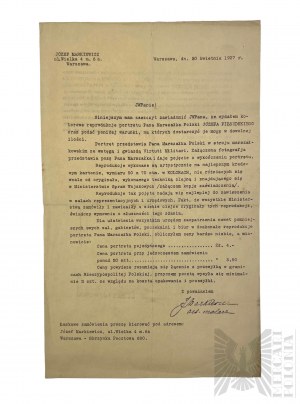 II RP Zaświadczenie o Wydaniu Reprodukcji Portretu Józefa Piłsudskiego, Józef Markiewicz Warsaw 1927 year